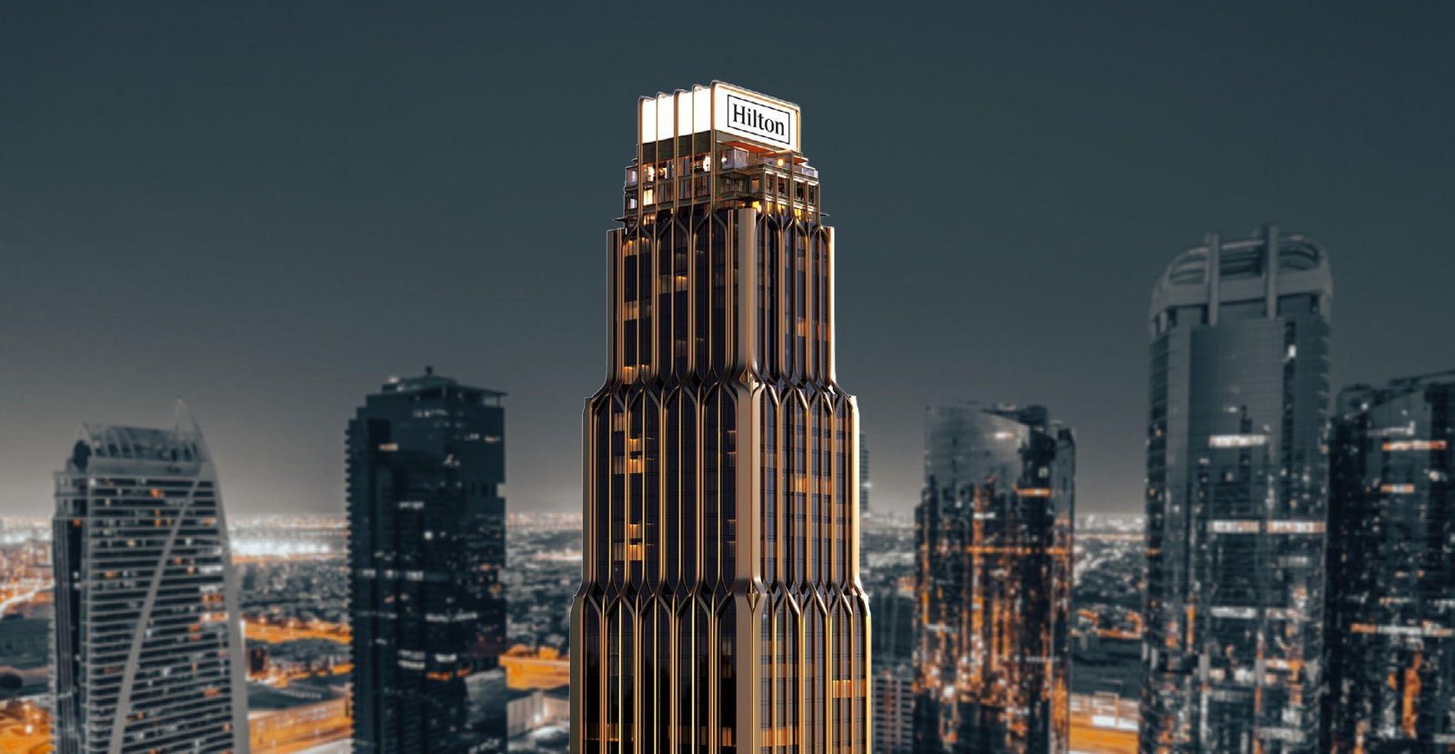 Hilton Residences Dubai JLT exterior view showcasing luxury high-rise tower, panoramic lake and skyline views, and JLT location